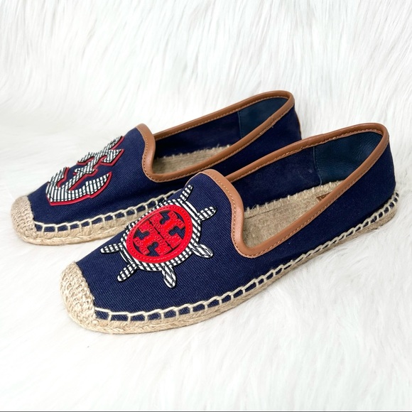 SOLD-Tory Burch Nautical Anchor & Logo Flat Slip On Navy Blue Canvas Espadrilles - Picture 8 of 10